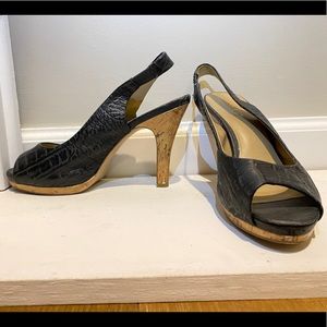 Black, crocodile pattern, cork heels.